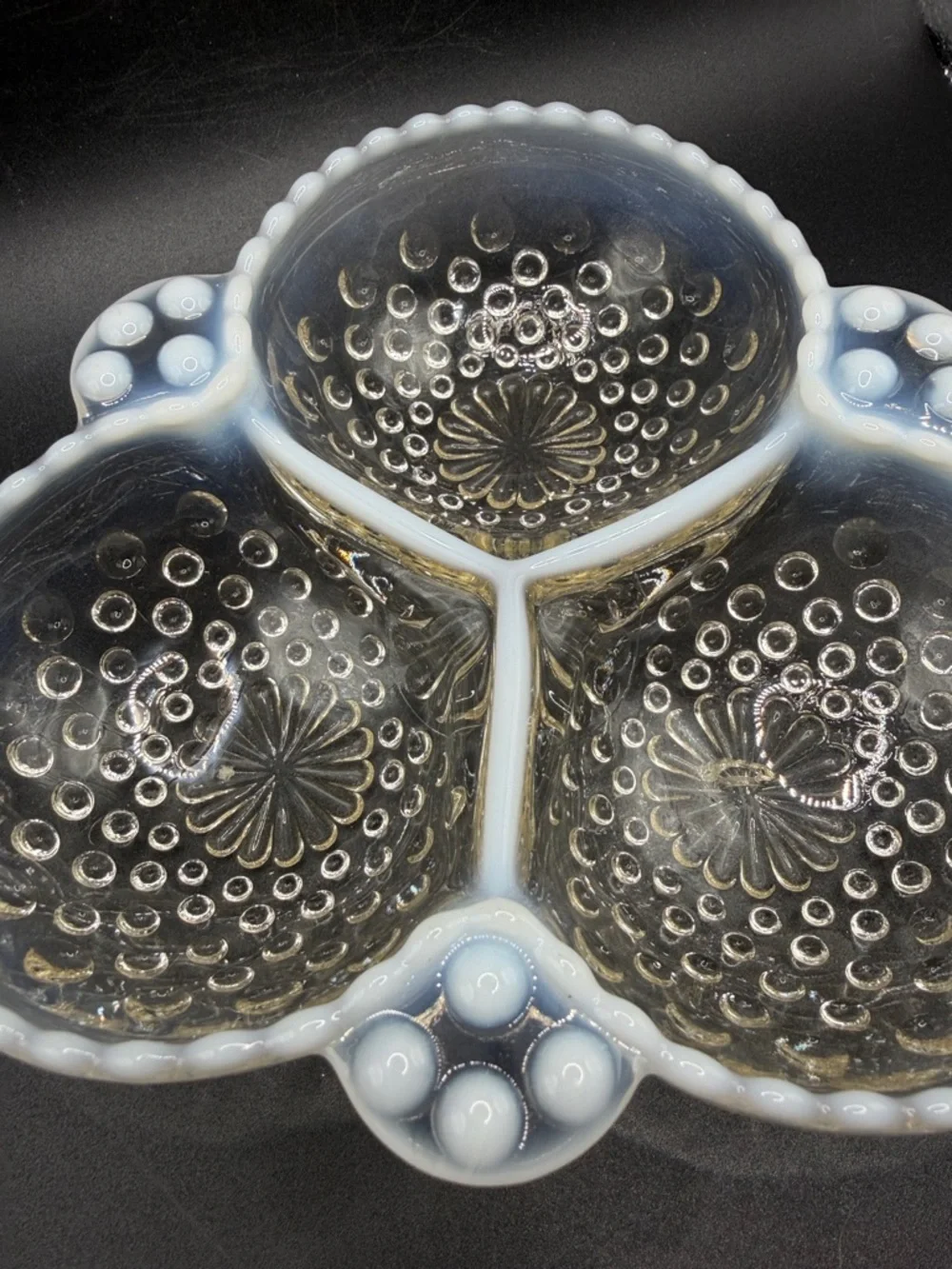 Vintage Opalescent Moonstone Hobnail Clear White Glass Divided Serving Dish